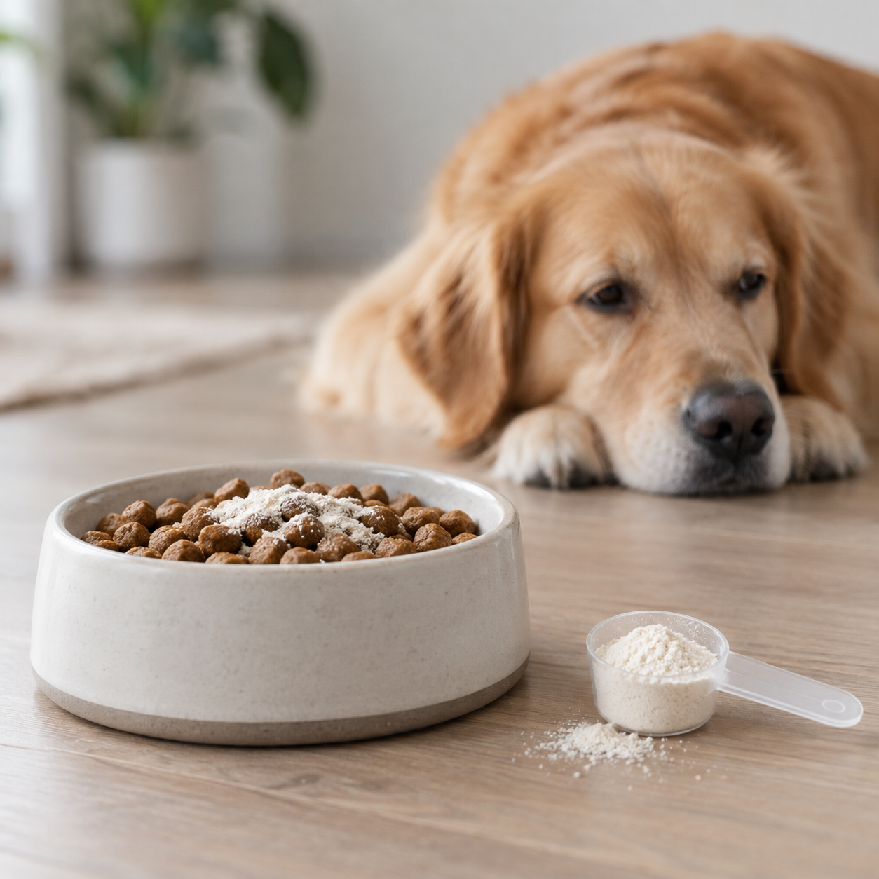 Dental powder sprinkled over a bowl of dry food with a dog lying nearby