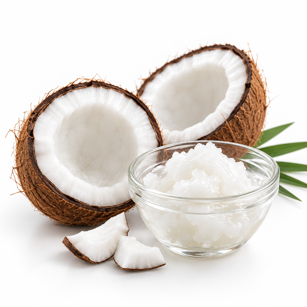 Coconut halves beside a bowl of coconut oil