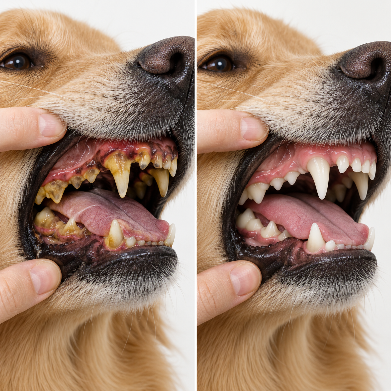 Side-by-side comparison of a dog's teeth with heavy tartar build-up and clean teeth