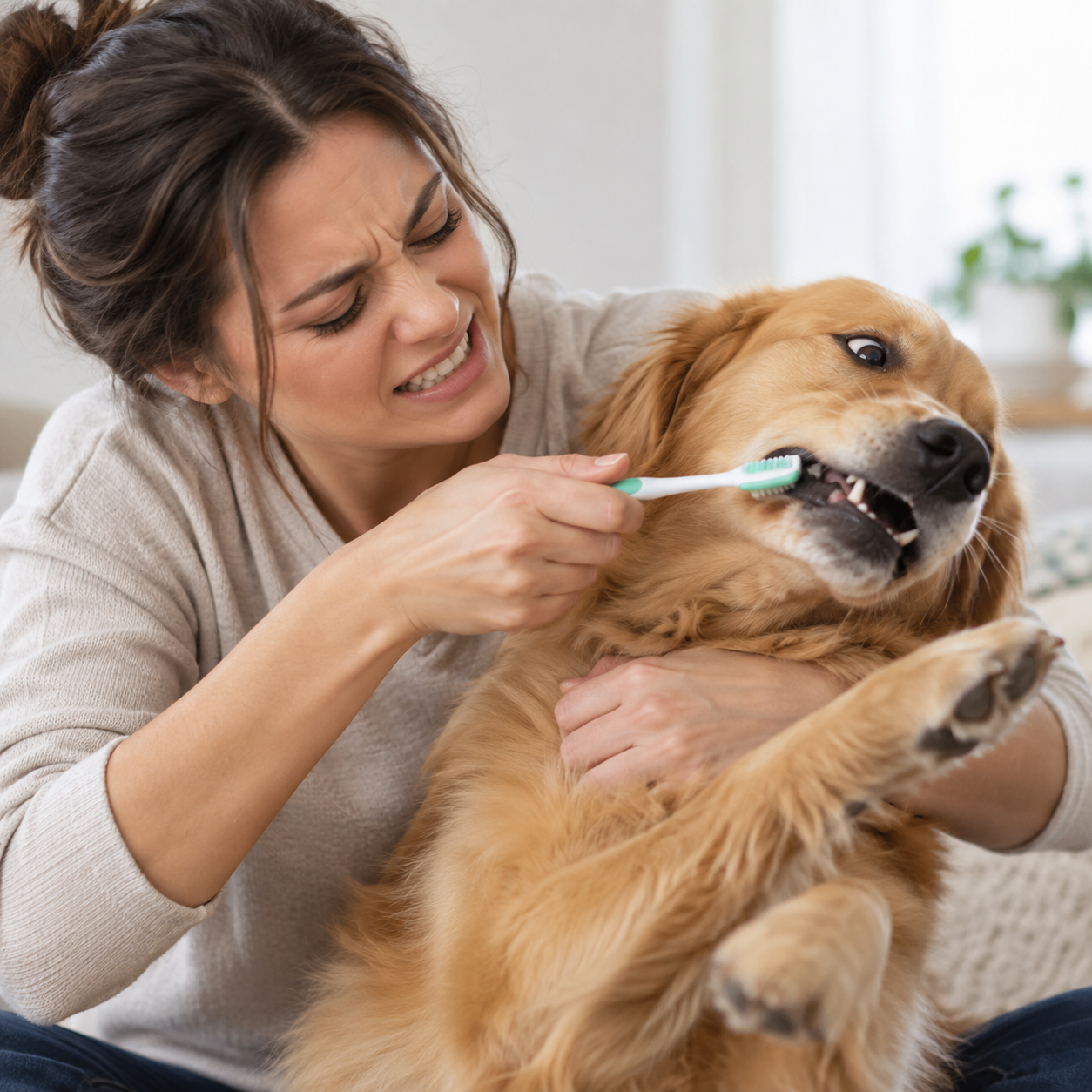 Owner struggling to brush a reluctant dog's teeth