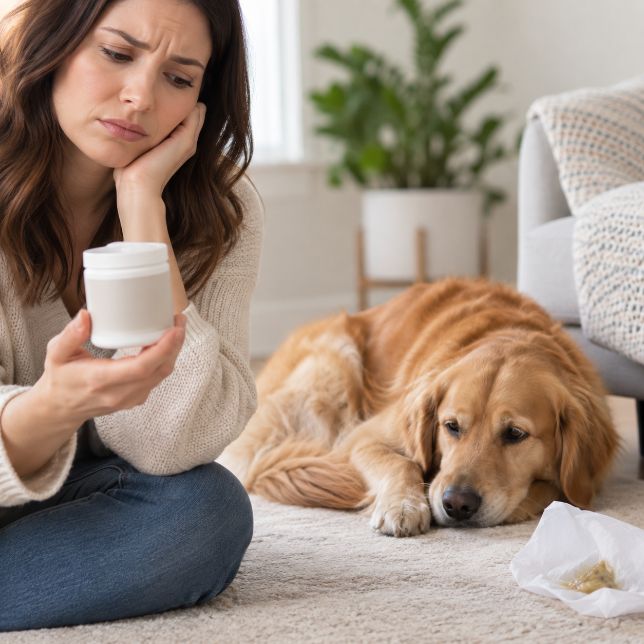 Owner reading the label on a supplement tub beside her dog