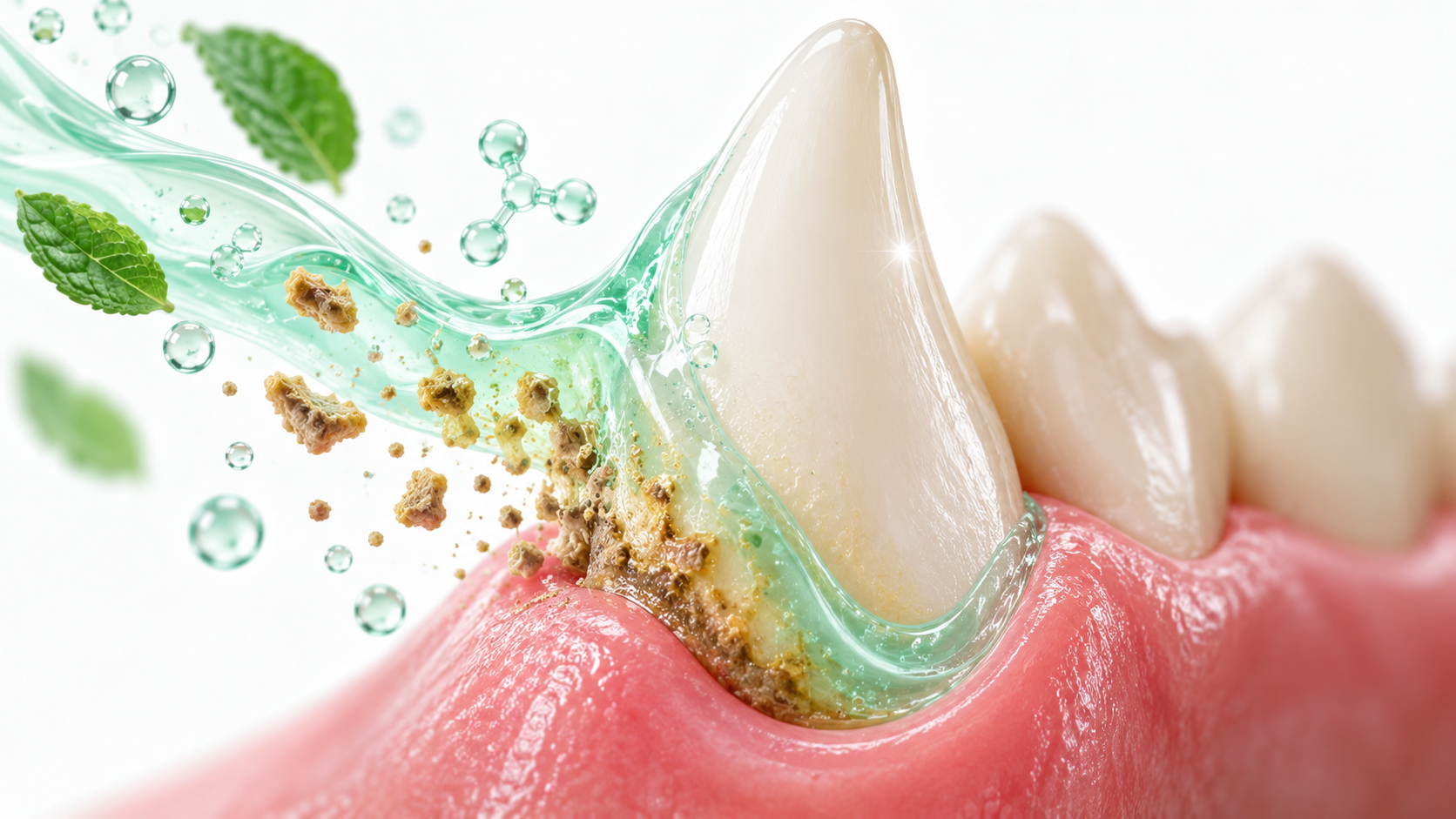 Close-up of mint gel washing plaque away from a tooth at the gumline