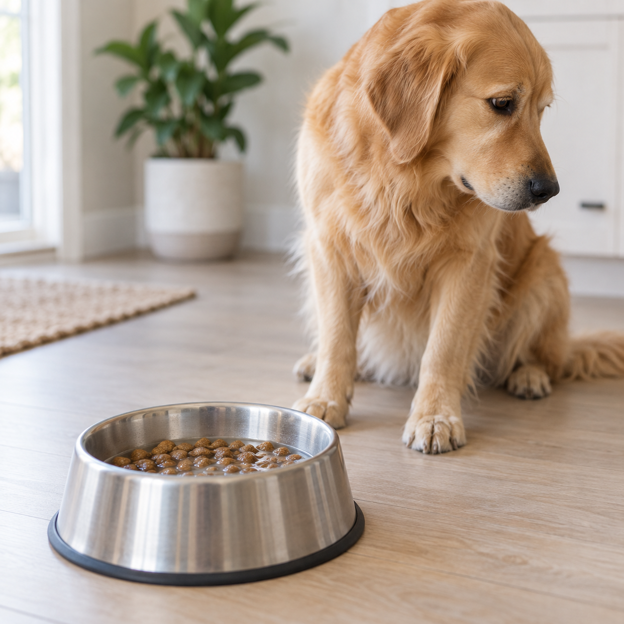 Dog sitting back from a metal bowl of food and water without eating